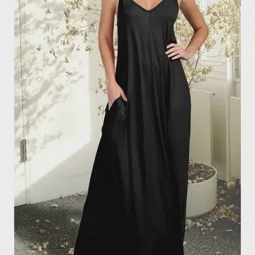 Women's Spaghetti Strap Maxi Dress with Pockets, Color: Black, Size: S