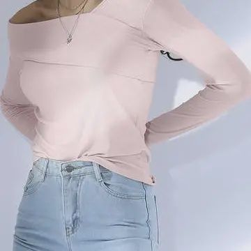 One Shoulder Long Sleeve Two Layer T-shirt, Color: Light Pink, Size: S