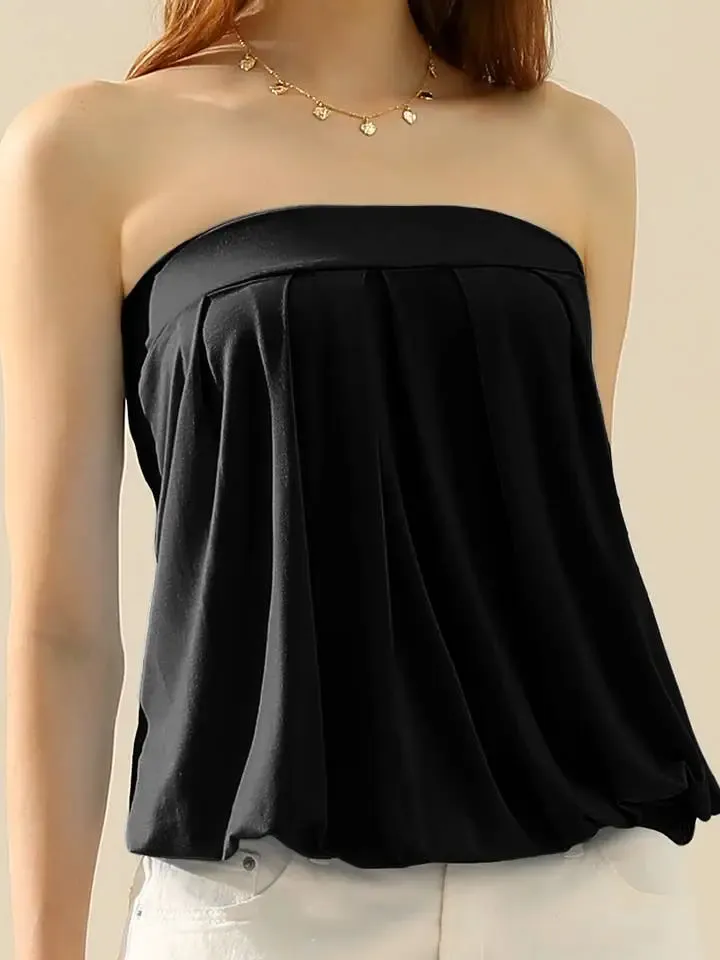 Basic Sleeveless Pleated Tube Top, Color: Black, Size: S