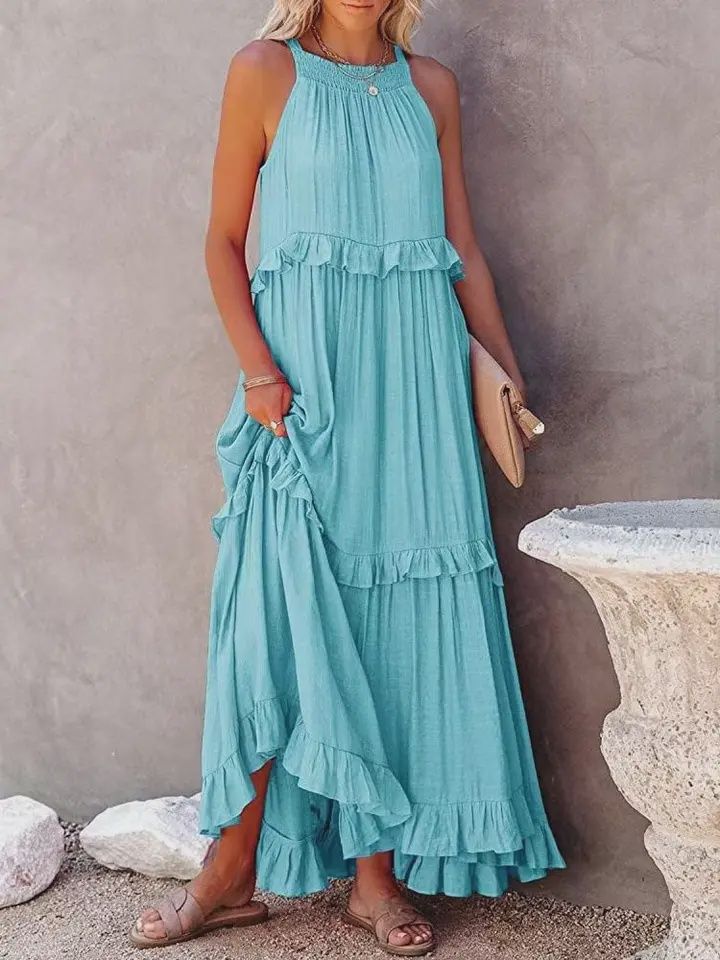 Ruffle Maxi Beach Dress, Color: Light Blue, Size: S
