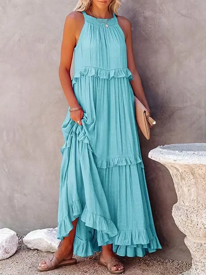 Ruffle Maxi Beach Dress, Color: Light Blue, Size: S