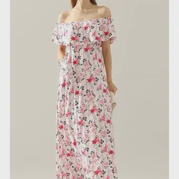 NEW Ninexis Pink Floral Pattern Off Shoulder Maxi Summer Dress