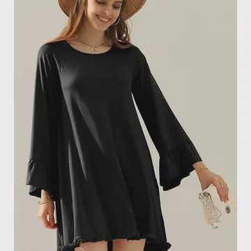 Ruffle Detail Long Sleeve Dress, Color: Black, Size: Small
