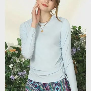 Crew Neck Lace-Up Shirring Top, Color: Light Blue, Size: Small