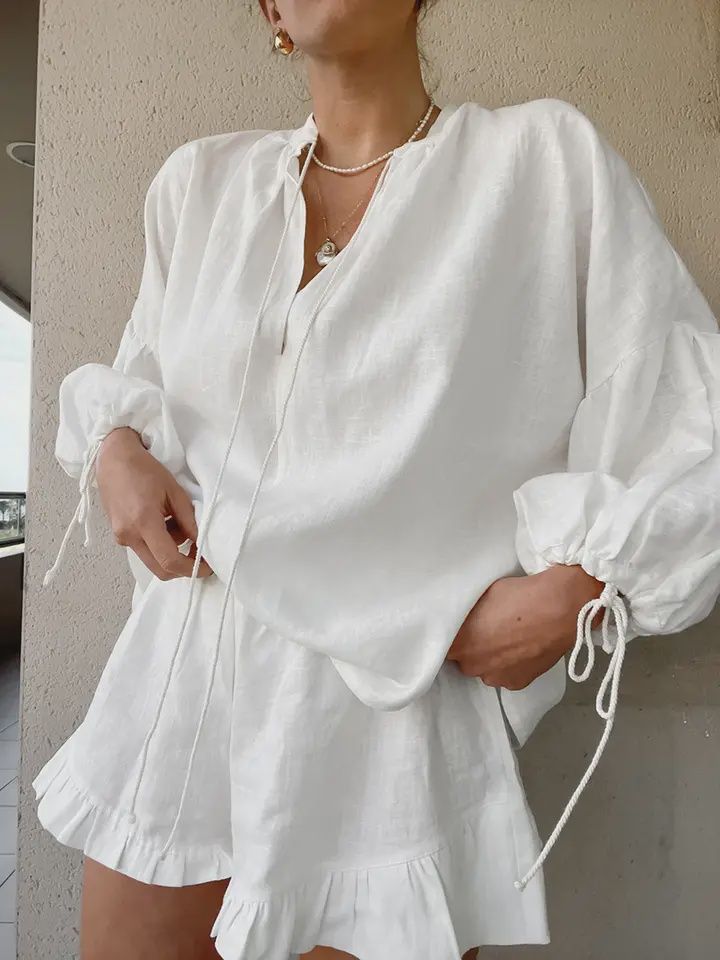 Cotton Linen V-Neck Lantern Sleeve Shorts Suit, Color: White, Size: Small