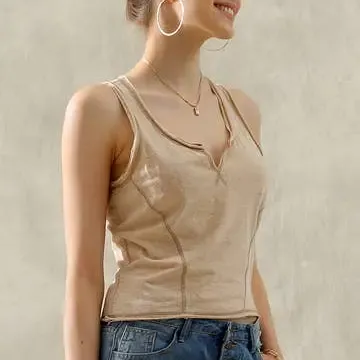 Round Neck Raw Cut Tank Top, Color: Khaki, Size: Small