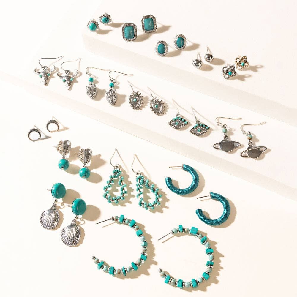 Turquoise Trails &amp; Silver Tales Set of 16 Earrings
