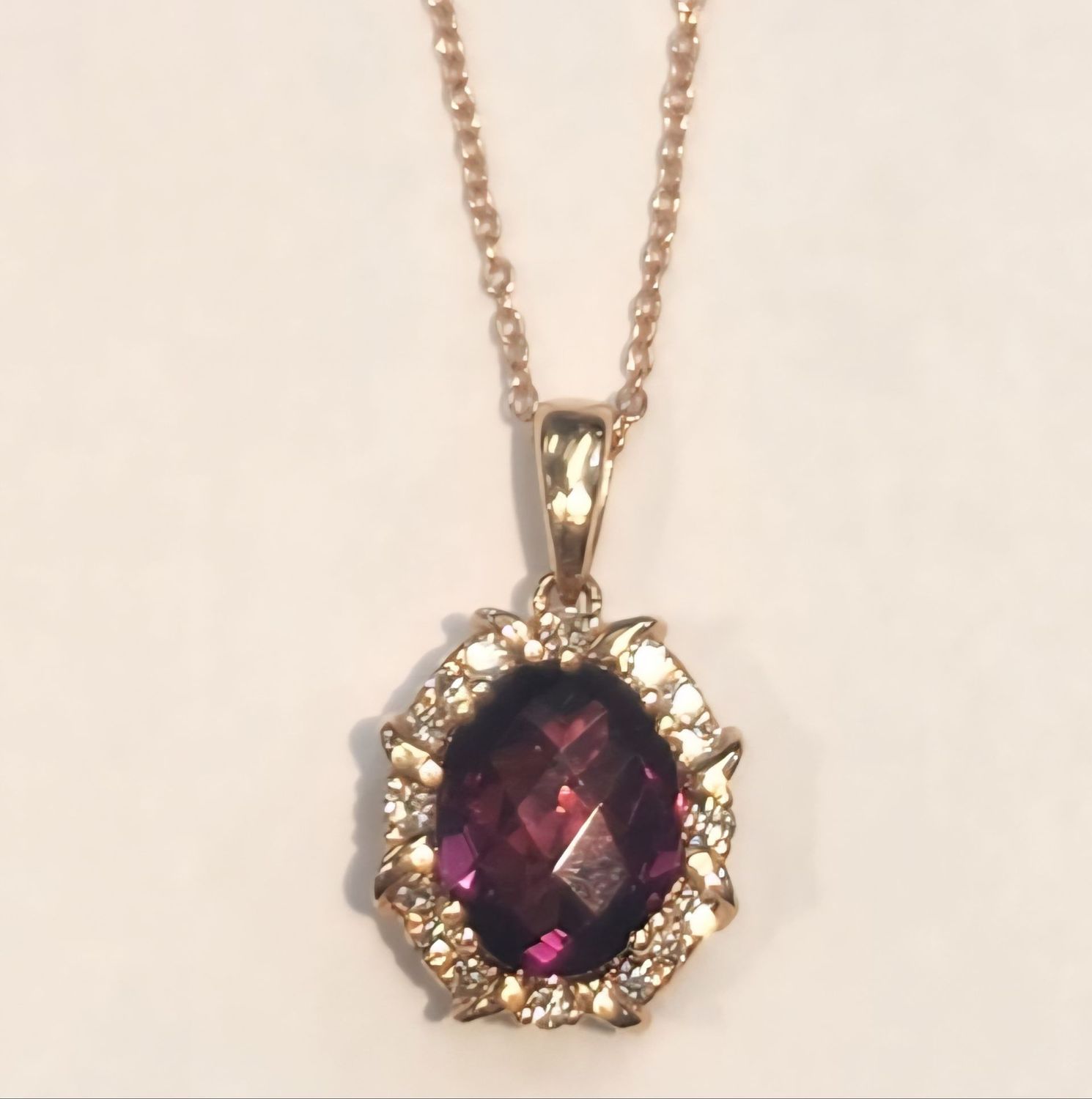 LEVIAN 14K ROSE GOLD PENDANT WITH 2 CT RHODOLITE GARNET AND 0.12CT DIAMONDS G VS2
