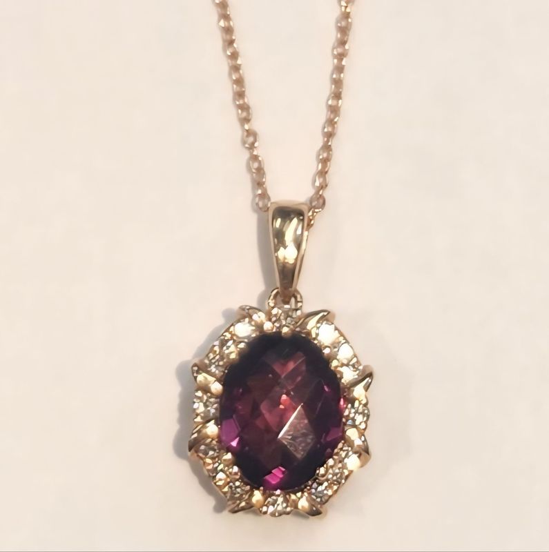 LEVIAN 14K ROSE GOLD PENDANT WITH 2 CT RHODOLITE GARNET AND 0.12CT DIAMONDS G VS2