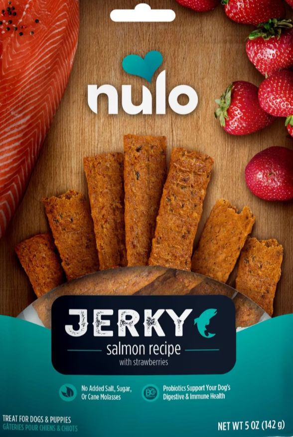 Nulo Premium Jerky Strips Dog Treats, Grain-Free High Protein Salmon with Strawberry Jerky Strips made with BC30 Probiotic to Support Digestive &amp; Immune Health Dog Treats, 5-oz bag