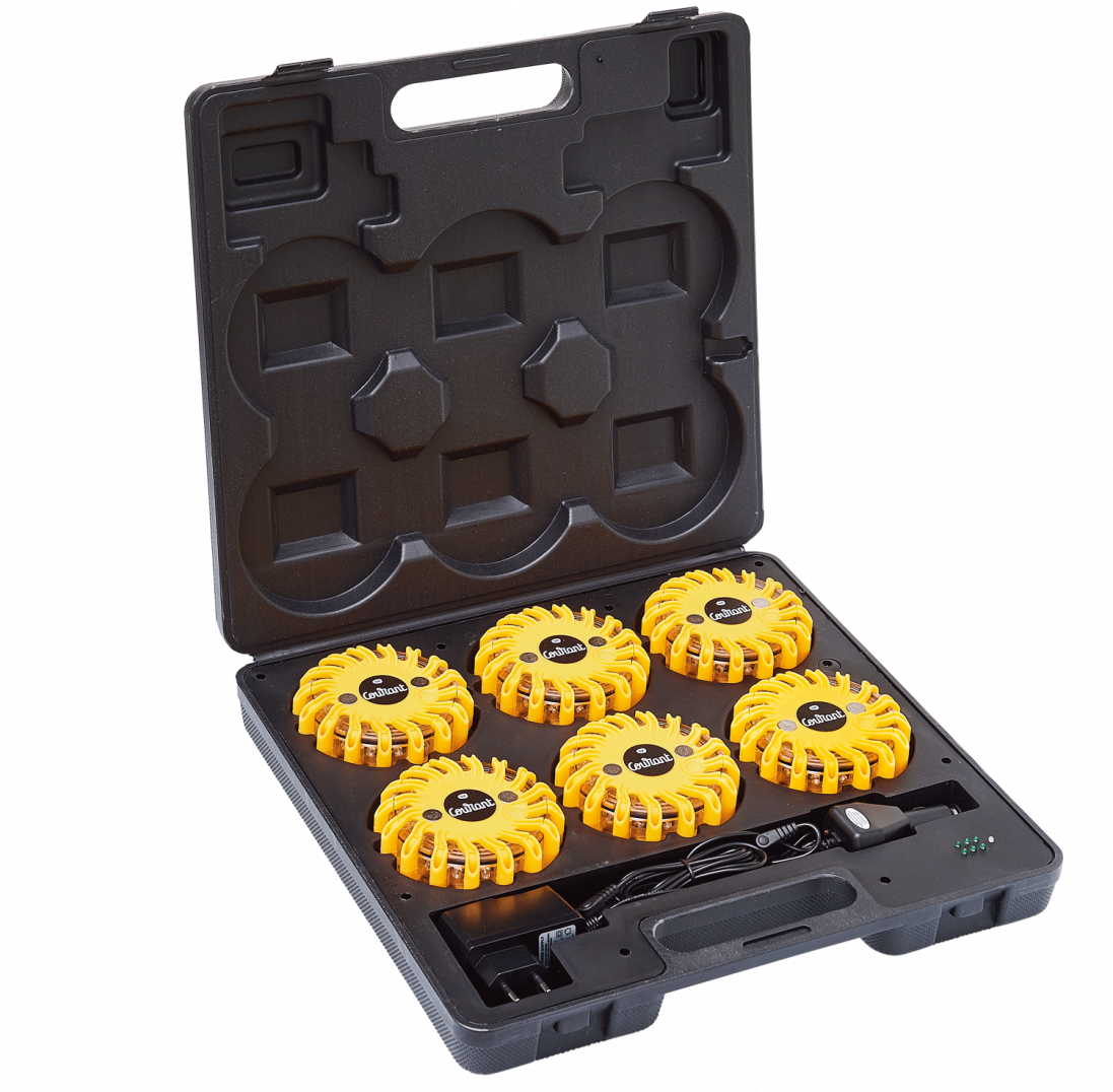 Malette de 6 balises de signalisation led jaunes magnétique et rechargeable FLASH CODE COURANT Malette de 6 balises de signalisation led jaunes magnétique et rechargeable FLASH CODE COURANT