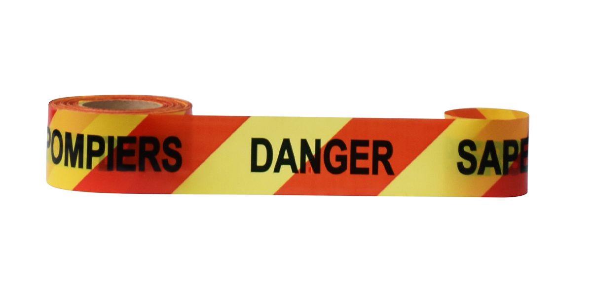 Rouleau de rubalise / ruban de signalisation chevrons jaune / rouge avec texte SAPEURS POMPIERS DANGER 250m x 75mm