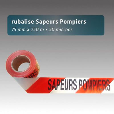 Rouleau de rubalise / ruban de signalisation chevrons blanc / rouge avec texte SAPEURS POMPIERS 250m x 75mm Rouleau de rubalise / ruban de signalisation chevrons blanc / rouge avec texte SAPEURS POMPIERS 250m x 75mm
