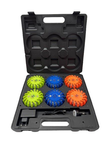 Valise rectangulaire de 6 balises lumineuses led vert / bleu / orange magnétiques et rechargeables - reconnaissance sapeurs-pompiers BG-SAFETY