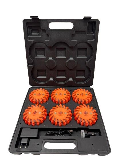 Valise rectangulaire de 6 balises lumineuses led orange magnétiques et rechargeables BG-SAFETY