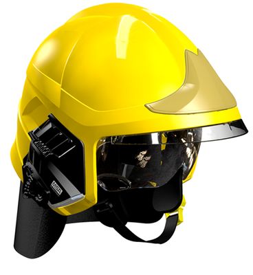 Casque F1XF jaune, écran facial doré, écran oculaire transparent, intérieur cuir, bavolet aramide, support de lampe droit, housse de transport, plaque attribut or sapeurs-pompiers MSA Casque F1XF jaune, écran facial doré, écran oculaire transparent, intérieur cuir, bavolet aramide, support de lampe droit, housse de transport, plaque attribut or sapeurs-pompiers MSA