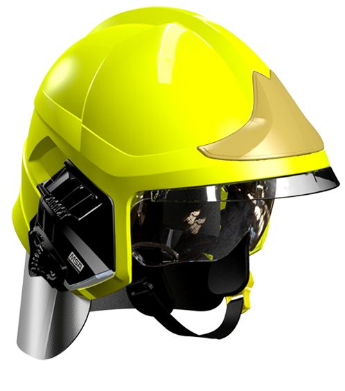 Casque F1XF jaune fluo, écran facial doré, écran oculaire transparent, intérieur cuir, bavolet aluminisé, support de lampe droit, housse de transport, plaque attribut or sapeurs-pompiers MSA