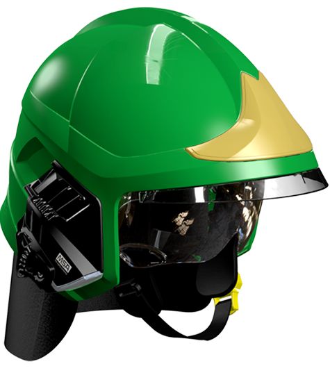 Casque F1XF vert, écran facial doré, écran oculaire transparent, intérieur cuir, bavolet aramide, support de lampe droit, housse de transport, plaque attribut or sapeurs-pompiers MSA Casque F1XF vert, écran facial doré, écran oculaire transparent, intérieur cuir, bavolet aramide, support de lampe droit, housse de transport, plaque attribut or sapeurs-pompiers MSA