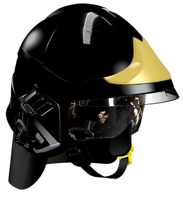 Casque F1XF noir, écran facial doré, écran oculaire transparent, intérieur cuir, bavolet aramide, support de lampe droit, housse de transport, plaque attribut or sapeurs-pompiers MSA Casque F1XF noir, écran facial doré, écran oculaire transparent, intérieur cuir, bavolet aramide, support de lampe droit, housse de transport, plaque attribut or sapeurs-pompiers MSA