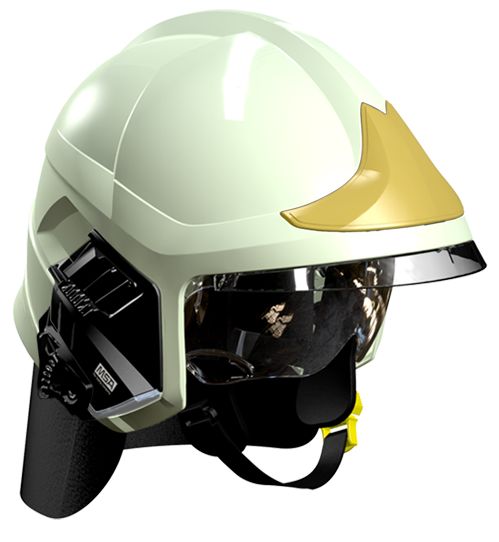 Casque F1XF photoluminescent, écran facial doré, écran oculaire transparent, intérieur cuir, bavolet aramide, support de lampe droit, housse de transport, plaque attribut or sapeurs-pompiers MSA Casque F1XF photoluminescent, écran facial doré, écran oculaire transparent, intérieur cuir, bavolet aramide, support de lampe droit, housse de transport, plaque attribut or sapeurs-pompiers MSA