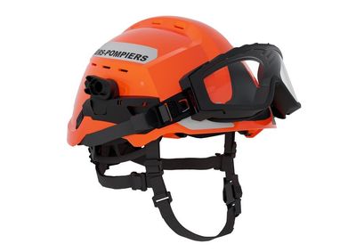 Casque sapeurs-pompiers F2XR orange fluo MSA - Avec masque responder, signalisation grise SP et support de lampe Casque sapeurs-pompiers F2XR orange fluo MSA - Avec masque responder, signalisation grise SP et support de lampe