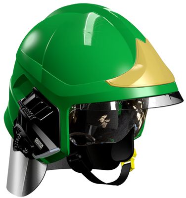Casque F1XF vert, écran facial doré, écran oculaire transparent, intérieur cuir, bavolet aluminisé, support de lampe droit, housse de transport, plaque attribut or sapeurs-pompiers MSA Casque F1XF vert, écran facial doré, écran oculaire transparent, intérieur cuir, bavolet aluminisé, support de lampe droit, housse de transport, plaque attribut or sapeurs-pompiers MSA