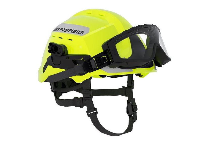 Casque sapeurs-pompiers F2XR jaune fluo MSA - Avec masque responder, signalisation grise SP et support de lampe