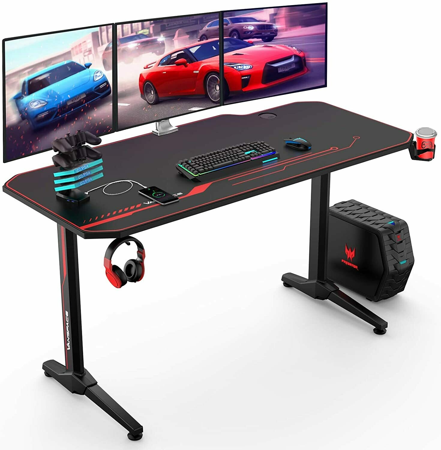 44 Inch Ergonomic Gaming Desk with USB Gaming Handle Rack&Full Desk Mouse  Pad, T-Shaped Office PC Computer Desk, Gamer Tables Pro with Cup  Holder&Headphone Hook