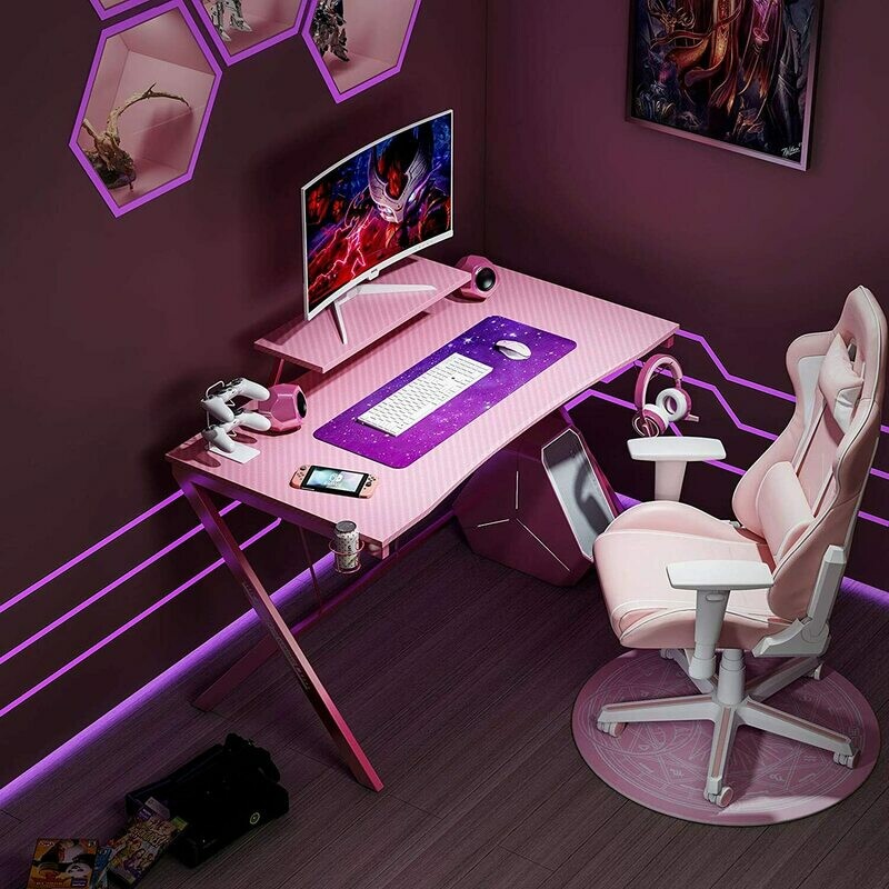 Gaming Desk 55" with Monitor Shelf Gaming Table Home Computer Desk with Cup Holder and Headphone Hook Gamer Workstation Game Table, Pink