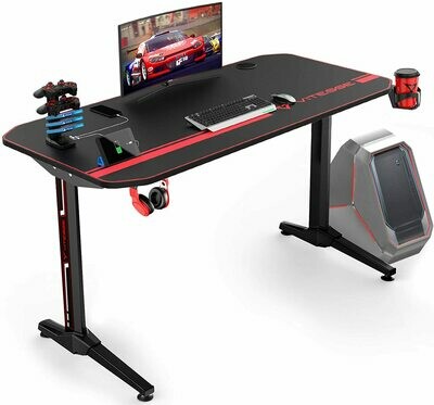 44 Inch Ergonomic Gaming Desk with USB Gaming Handle Rack&Full Desk Mouse Pad, T-Shaped Office PC Computer Desk, Gamer Tables Pro with Cup Holder&Headphone Hook