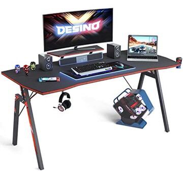 Gaming Desk 55 inch PC Computer Desk Home Office Desk, Gaming Table Z Shaped Or Workstation with Cup Holder and Headphone Hook, Black Color