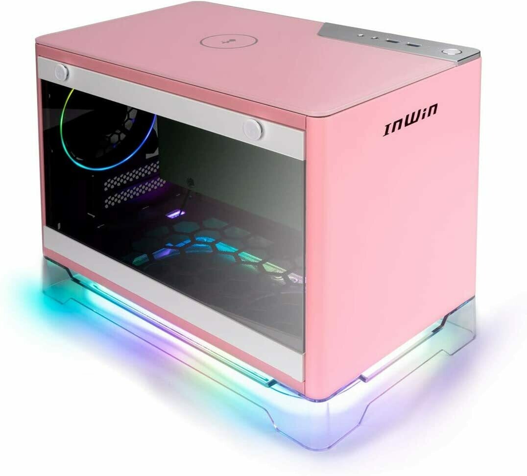 InWin A1 Plus Pink Mini-ITX Tower with Integrated ARGB Lighting - 650W Gold Power Supply - Qi Wireless Phone Charger - Computer Chassis Case