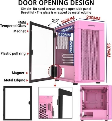 MOROVOL MESH Micro ATX Tower ARGB Fans USB 3.0 Ports Tempered Glass Panel & Mesh Front Panel Airflow Gaming PC Case (TW7-S2-PK)