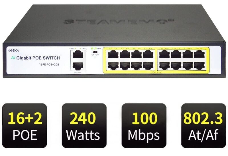 STEAMEMO 18 Port PoE+ Switch,16 POE+ Port 100Mbps with 2 Gigabit Uplink,802.3af/at Compliant, 200W Built-in Power,Unmanaged Metal Plug and Play, 4kV Lightning Protection,AI Detection STEAMEMO 18 Port PoE+ Switch,16 POE+ Port 100Mbps with 2 Gigabit Uplink,802.3af/at Compliant, 200W Built-in Power,Unmanaged Metal Plug and Play, 4kV Lightning Protection,AI Detection
