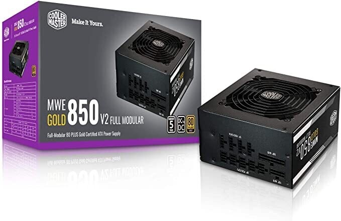 Cooler Master MWE Gold 850 V2 Full Modular, 850W, 80+ Gold Efficiency, 2 EPS Connectors, 120mm HDB Fan, Semi-fanless Operation