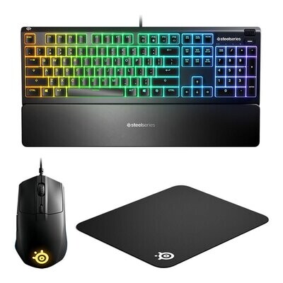 SteelSeries 66014 Level Up Gaming Bundle Apex 3 Keyboard, Rival 3 Wireless Mouse, and QcK Mousepad – Black