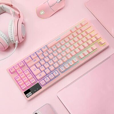 RGB Pink Gaming Keyboard and Mouse Combo,87 Keys Wired Backlit Mechanical Feeling with 7200 DPI Set for PC MAC PS4 Xbox Laptop