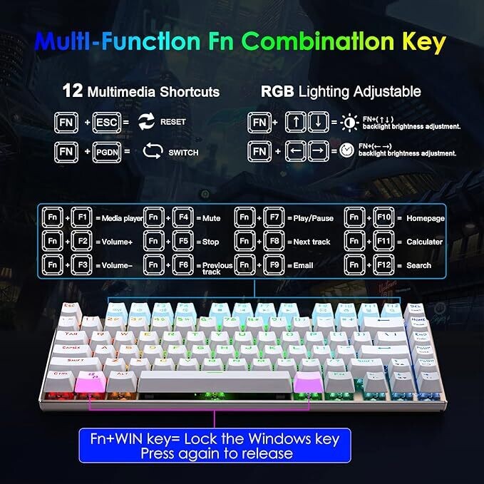 HUO JI Z88 Z-88 RGB Mechanical USB Gaming Keyboard, Blue Switch , LED Backlit, Water Resistant, Compact 81 Keys Anti-Ghosting for Mac, PC, White