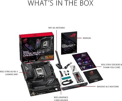 ASUS ROG Strix X670E-E Gaming WiFi - Motherboard - ATX - Socket AM5 - AMD X670 Chipset - USB 3.2 Gen 1, USB 3.2 Gen 2, USB-C 3.2 Gen2, USB-C 3.2 Gen 2x2 - 2.5 Gigabit LAN, Wi-Fi 6, Bluetooth - onboard ASUS ROG Strix X670E-E Gaming WiFi - Motherboard - ATX - Socket AM5 - AMD X670 Chipset - USB 3.2 Gen 1, USB 3.2 Gen 2, USB-C 3.2 Gen2, USB-C 3.2 Gen 2x2 - 2.5 Gigabit LAN, Wi-Fi 6, Bluetooth - onboard