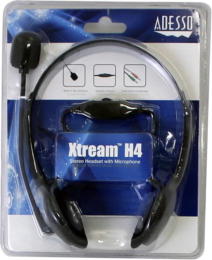 Adesso Xtream H4-3.5mm Stereo Headset with Microphone - Noise Cancelling - Wired- 6 ft Cable- Lightweight
