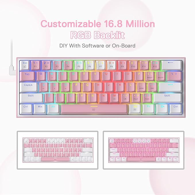 Redragon K617 Fizz 60% Wired RGB Gaming Keyboard, 61 Keys Hot-Swap Compact Mechanical Keyboard w/White and Pink Color Keycaps, Linear Red Switch, Pro Driver/Software Supported