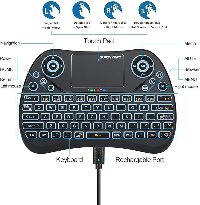 Backlit Mini Wireless Keyboard with Touchpad Mouse Combo QWERTY Keypad,Rechargeable Handheld Keyboard Remote for Smart TV,Android TV Box,Xbox,Raspberry Pi,PC