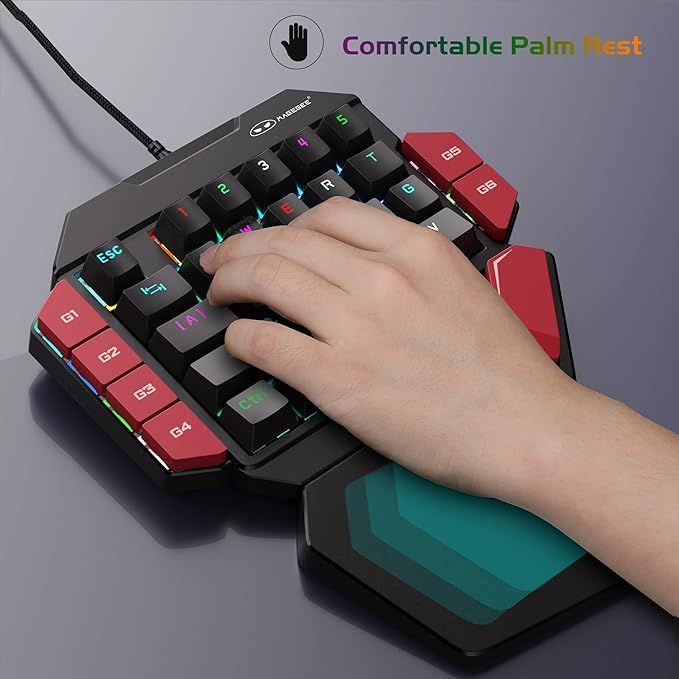MageGee One Handed Professional Gaming Keyboard, RGB Backlit 35 Keys Mini Wired Mechanical Keyboard with Blue Switch for PC Gamer, Support 6 Macro Keys - Black/Red