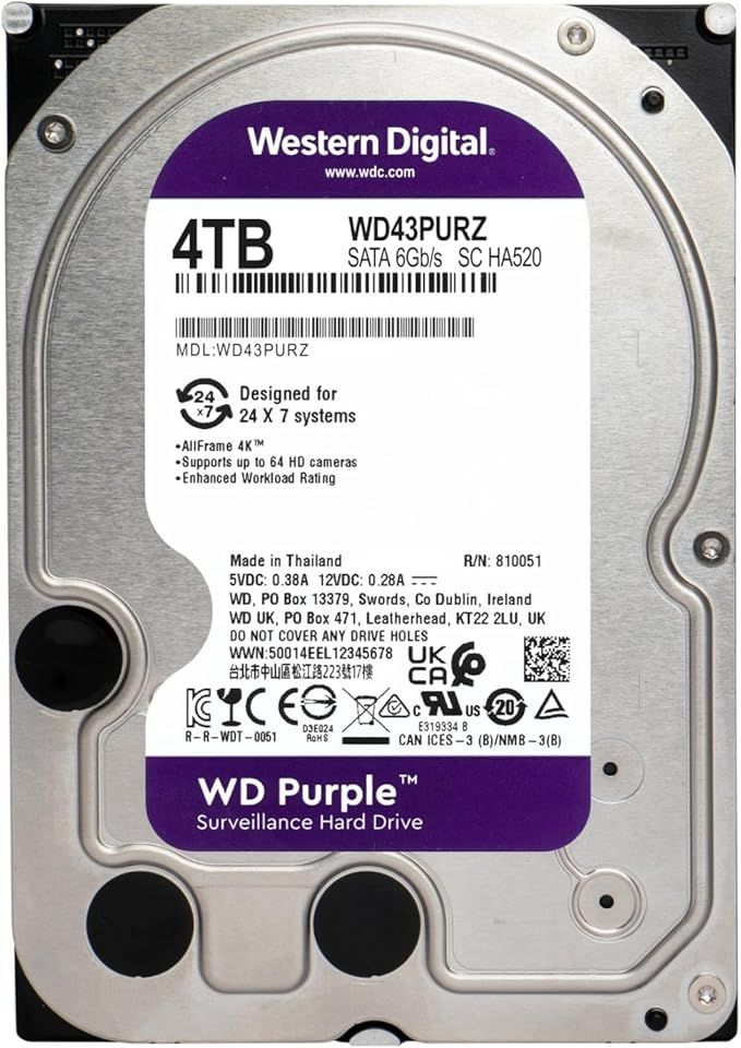 Western Digital 4TB WD Purple Surveillance Internal Hard Drive HDD - SATA 6 Gb/s, 256 MB Cache, 3.5" - WD43PURZ