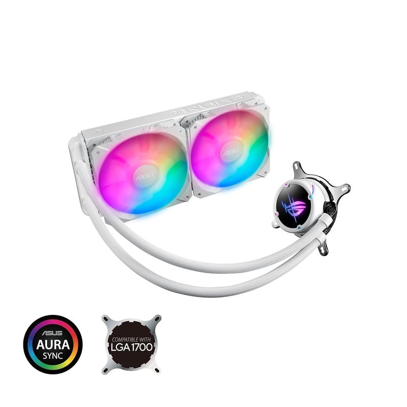 ASUS ROG Strix LC II 240 ARGB White Edition All-in-one AIO Liquid CPU Cooler 240mm Radiator, Intel LGA1700, 115x/2066 and AMD AM4/TR4 Support, 2X 120mm 4-pin PWM Addressable RGB Radiator Fans ASUS ROG Strix LC II 240 ARGB White Edition All-in-one AIO Liquid CPU Cooler 240mm Radiator, Intel LGA1700, 115x/2066 and AMD AM4/TR4 Support, 2X 120mm 4-pin PWM Addressable RGB Radiator Fans