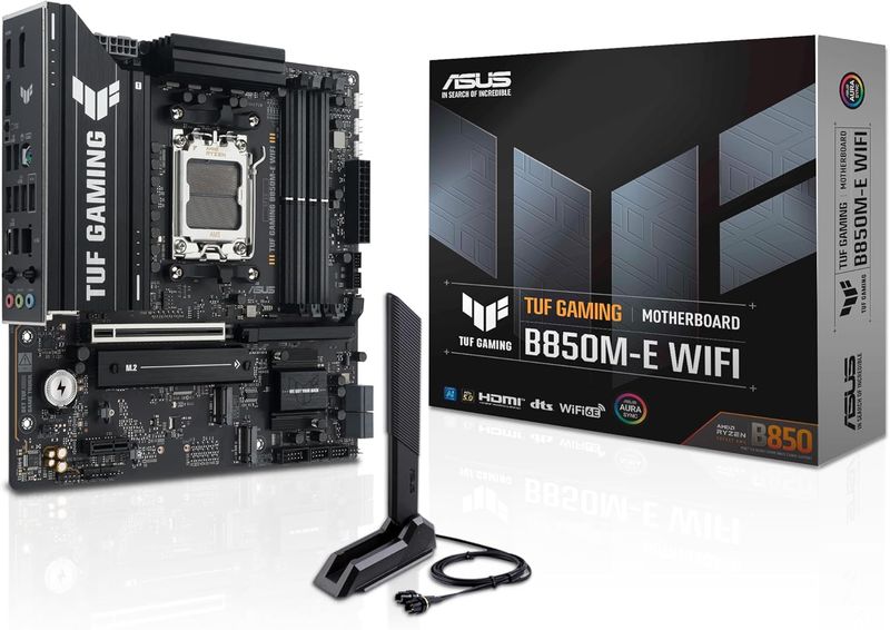 ASUS TUF Gaming B850M-E WiFi mATX Motherboard, 8+2+1 80A DrMOS Power Stages, DDR5, PCIe 5.0, Three M.2 Slots, WiFi 6E, 2.5Gb Ethernet, DisplayPort, HDMI, Rear USB-C 10Gbps and Front USB-C 5Gbps ASUS TUF Gaming B850M-E WiFi mATX Motherboard, 8+2+1 80A DrMOS Power Stages, DDR5, PCIe 5.0, Three M.2 Slots, WiFi 6E, 2.5Gb Ethernet, DisplayPort, HDMI, Rear USB-C 10Gbps and Front USB-C 5Gbps