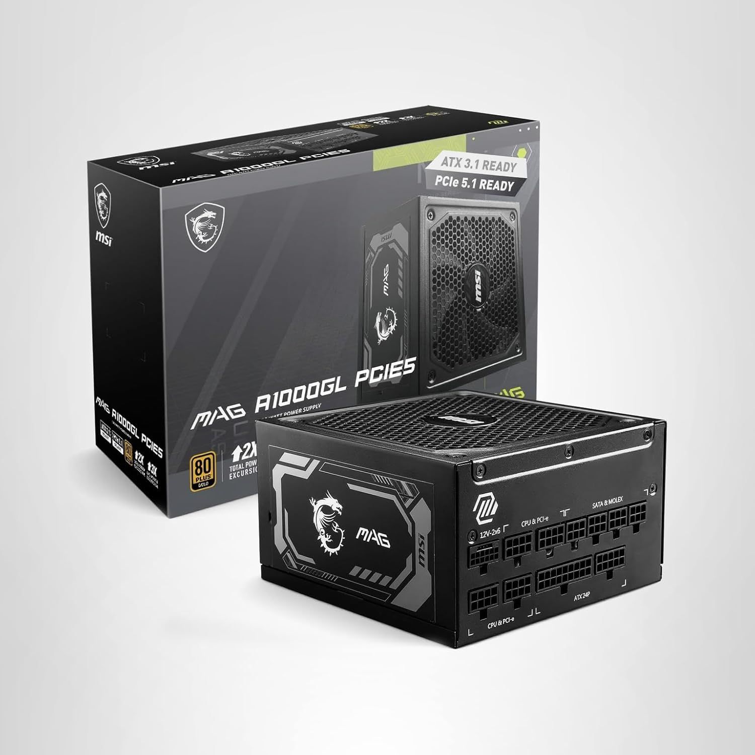 MSI MAG A1000GL PCIE5, Fully Modular Compact Gaming 1000W Power Supply, 80+ Gold, ATX 3.1 & PCIe 5.1 Ready, Native Dual-Color 12V-2x6 Cable