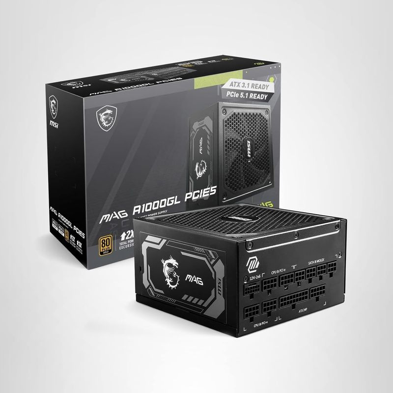 MSI MAG A1000GL PCIE5, Fully Modular Compact Gaming 1000W Power Supply, 80+ Gold, ATX 3.1 & PCIe 5.1 Ready, Native Dual-Color 12V-2x6 Cable
