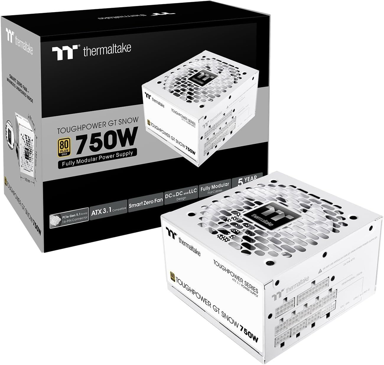 Thermaltake Toughpower GT 750W Snow ATX 3.1 Power Supply; 80 Plus Gold Efficiency; Smart Zero Fan; Native 600W PCIe 5.1 Connector; Thermaltake Toughpower GT 750W Snow ATX 3.1 Power Supply; 80 Plus Gold Efficiency; Smart Zero Fan; Native 600W PCIe 5.1 Connector;