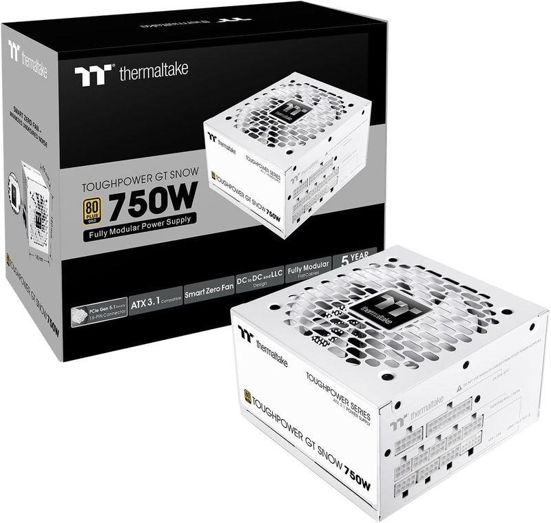 Thermaltake Toughpower GT 750W Snow ATX 3.1 Power Supply; 80 Plus Gold Efficiency; Smart Zero Fan; Native 600W PCIe 5.1 Connector;